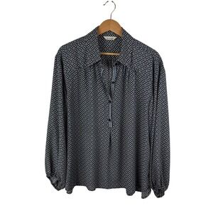 Max Studio Geometric Button Down Shirt Size 1X Long‎ Sleeve Lightweight Office